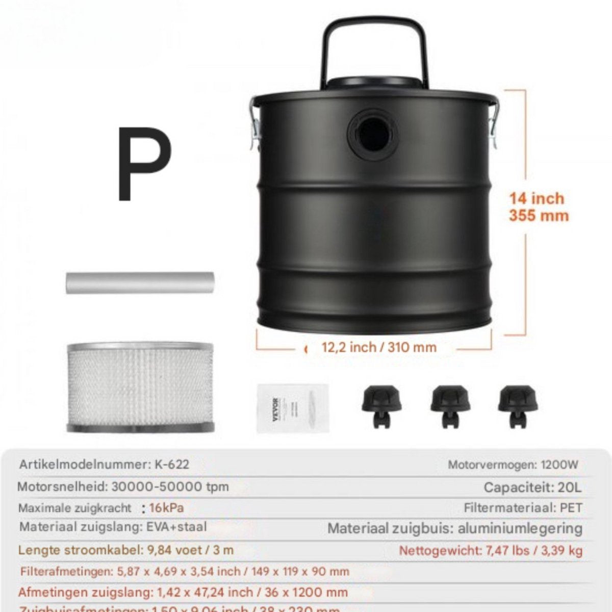 Asstofzuiger deluxe - Pelletkachel aszuiger - As stofzuiger 1200W - Met HEPA Filtersysteem - 20L Metalen Container - 16 kPa Zuigkracht