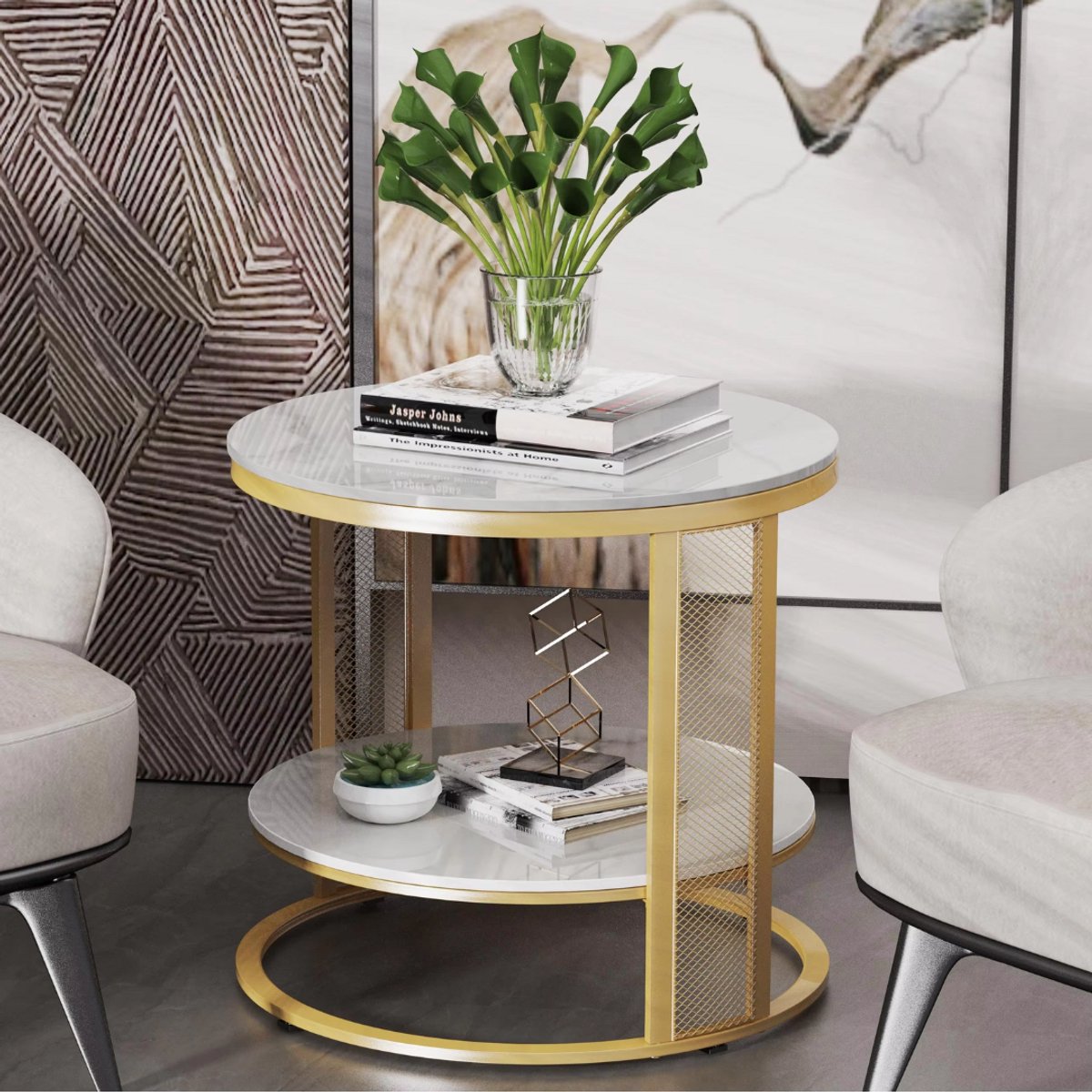 Salontafel Derloni - Wit - 2-Delig - Vierkant - Woonkamer - Bijzettafels