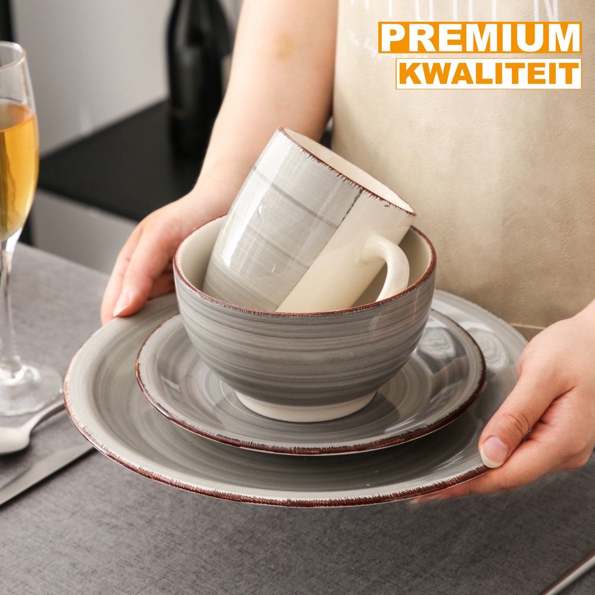 Lorentino Serviesset - 16 delig - 4 persoons - Grijs - Dinerborden - Bordenset - Diepe borden - Ontbijtborden - Servies - Keukenservies