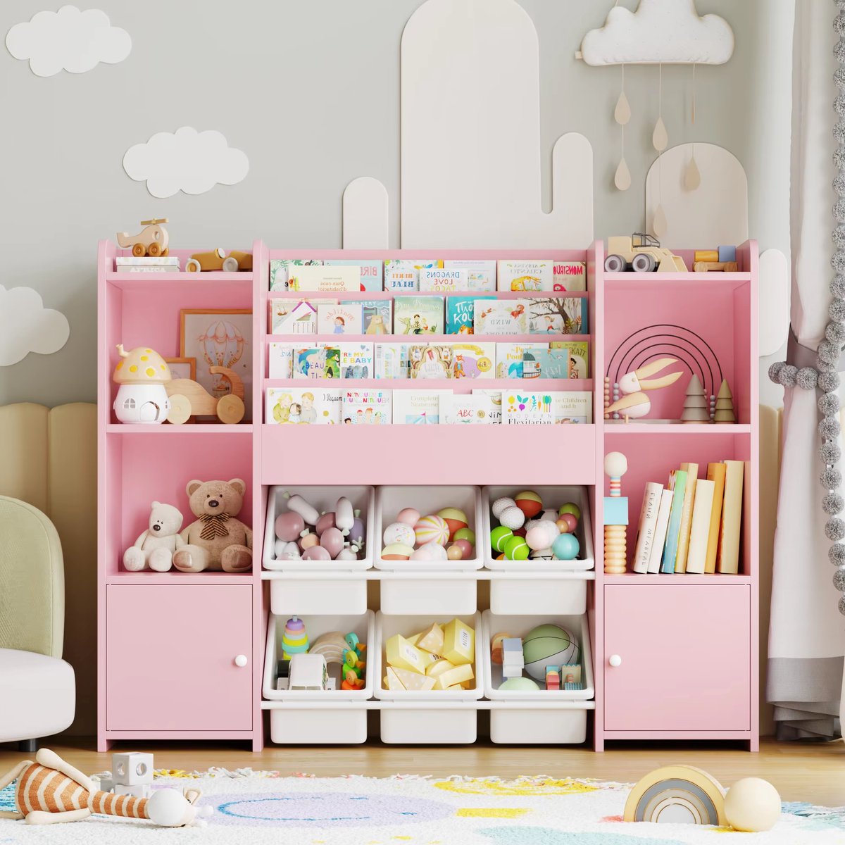 Speelgoedopbergkast – Kinderspeelkamer - Kinderboekenkast – Voor kinderen in kinderkamer of speelkamer – 6 verwijderbare dozen en 4-laags boekenplank – Roze