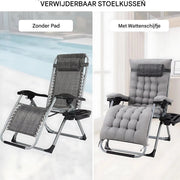 Opvouwbare Ligstoel voor de Tuin - Tuinstoel - Ligbed - Verstelbaar met Hoofdsteun en Bekerhouder - Comfortabel Afneembaar Katoenen Kussen - 2 stuks- Grijs