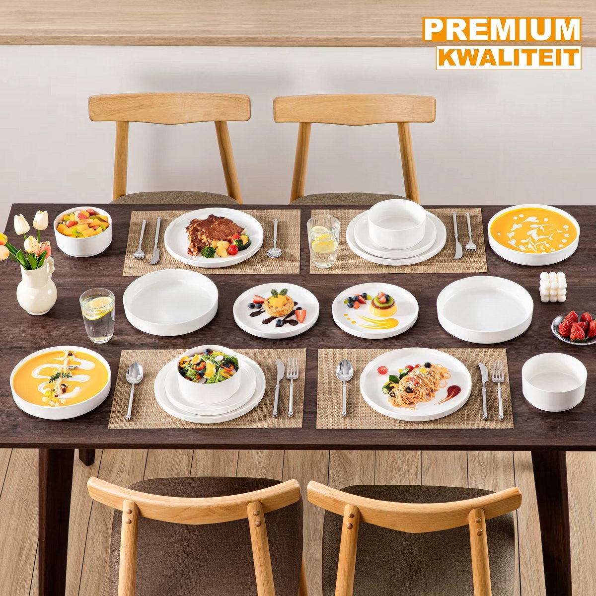 Monarch Serviesset – Serviesset – 4 persoons – 16 delig – Wit Keramisch – Breakfast Plates – Hoogwaardige kwaliteit