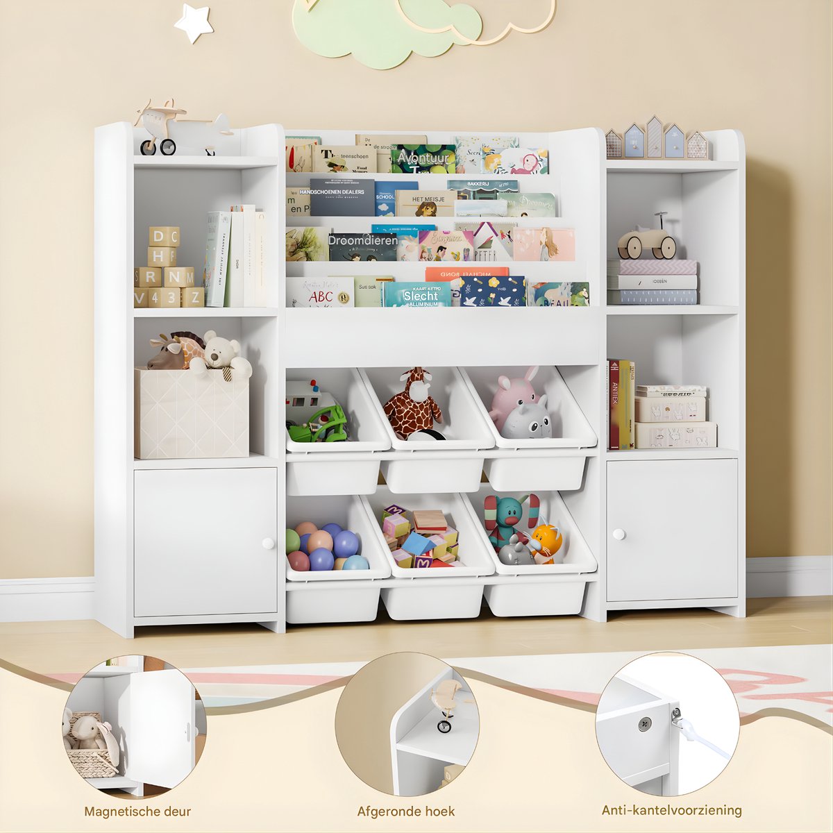 Speelgoedopbergkast – Kinderspeelkamer - Kinderboekenkast – Voor kinderen in kinderkamer of speelkamer – 6 verwijderbare dozen en 4-laags boekenplank – Wit