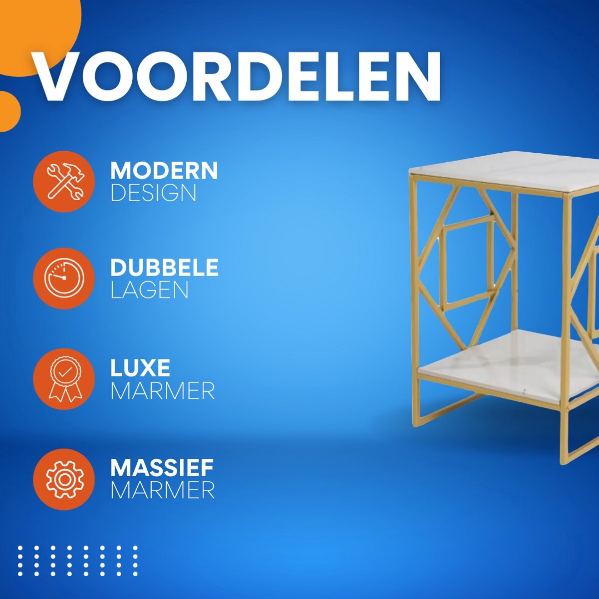 Bijzettafel Mira - Moderne - Goud - Echter marmer - Salontafel - Woonkamer - Emerald look - Side table - 40cm - Vierkant