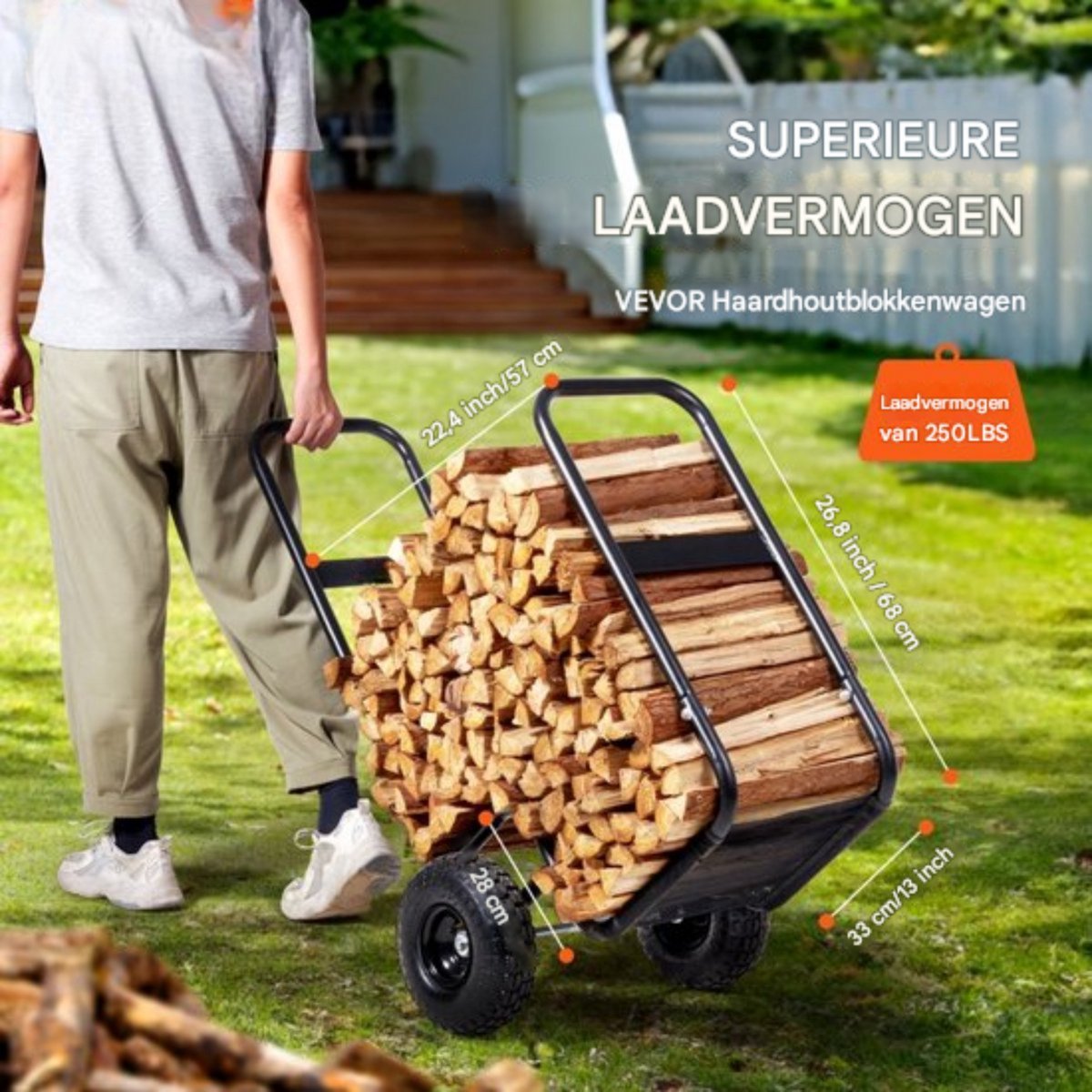 Brandhoutwagen - Houtkar - Houtkachel - Brandhoutrek - 67x52x110 cm - 113KG Capaciteit - Met Bungeetouw & Rubber Wielen