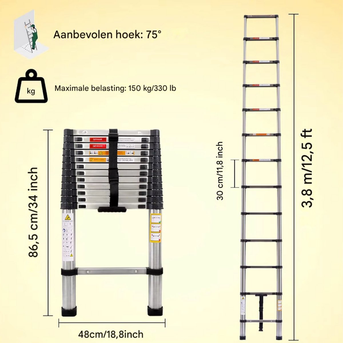 Telescopische Ladder Tavien - 3,8m - Uitschuifbare Multifunctionele Roestvrijstalen Ladder - Draagbare Stevige Zolderladder met EN131-standaard