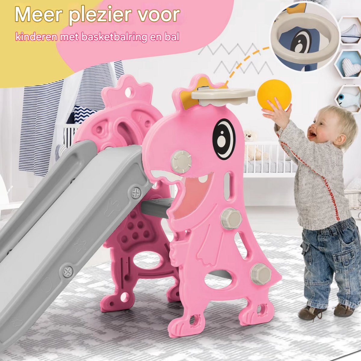 Kinderglijbaan 3 in 1 - Met Basketbalring - Verstelbaar - Speeltoestel - Losse glijbaan - Voor binnen en buiten - Blauw