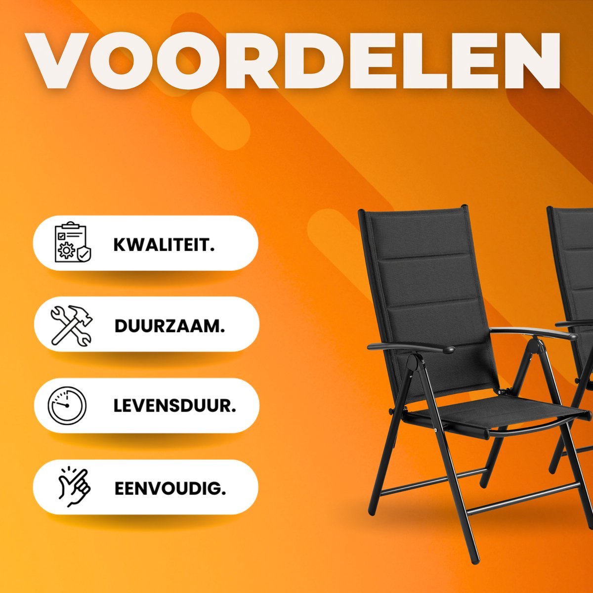 Tuinstoelen Tavien set van 2 - Inklapbaar - Lounge stoel - Rugleuning met 7 verstelbare instellingen, met armleuningen, weerbestendige buitenstoel aluminium structuur - Zwart