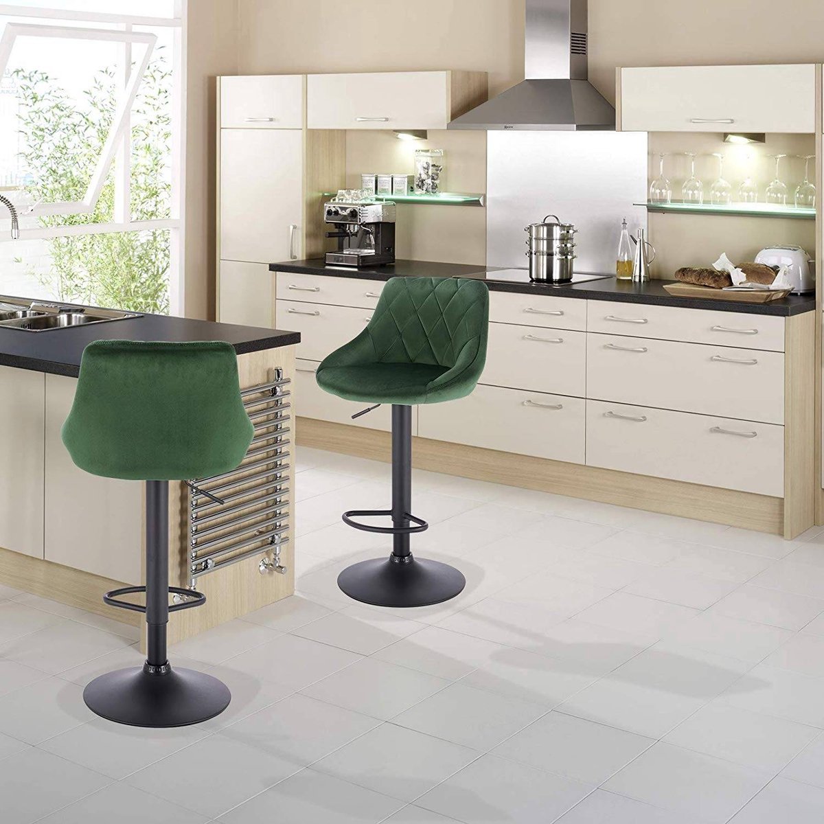 Designer Barkruk - Donkergroen - Velvet - Ergonomisch - Verstelbaar - Set van 1
