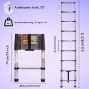 Telescopische Ladder Rovendo - Roestvrijstalen Vouwladder - Draagbare Uitschuifbare Loft Ladder - Max. Belasting 150kg - EN131