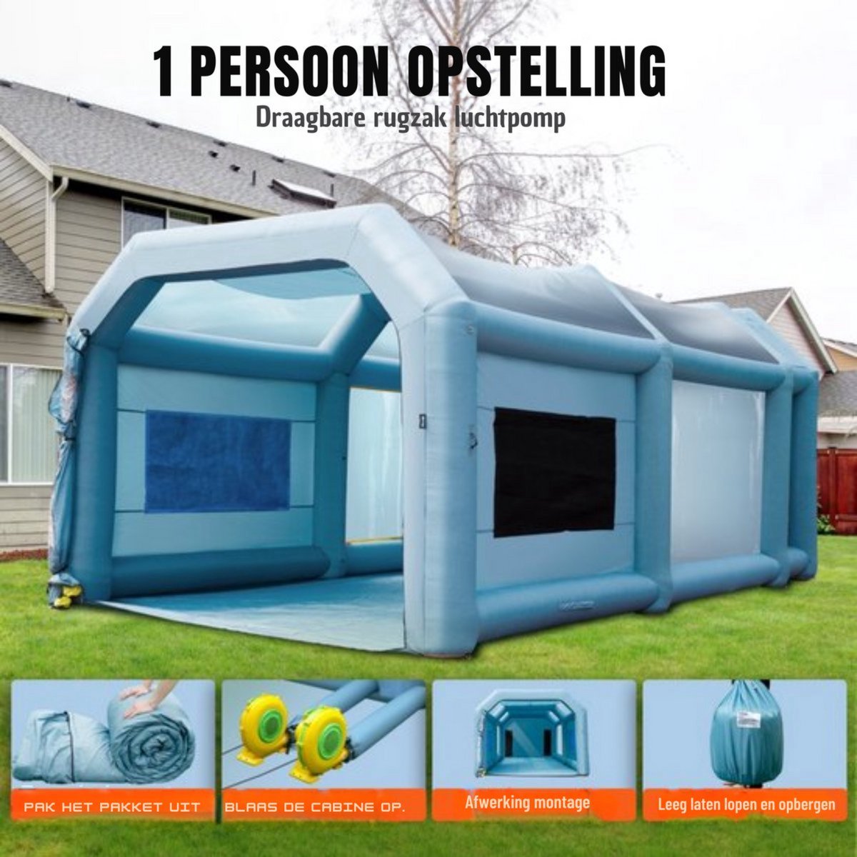 Opblaasbare spuitcabine - incl. lucht filtersysteem - Verfspuit tent – 5 x 2,2 x 2,1 m - 480W/750W Anti-Spray - Airbrush - Spray booth - Opvouwbaar