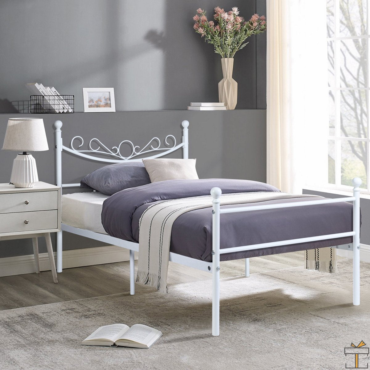 Happyment Metalen bedframe - 2 persoons twijfelaar - 140 x 200cm - Incl. lattenbodem - Wit