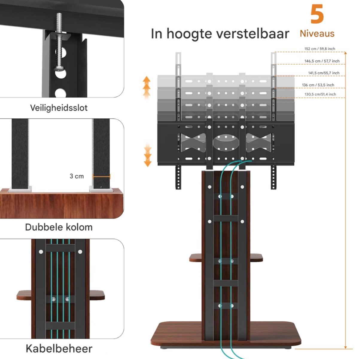 TV vloerstandaard vintage Tavien - VerrijdbaarVoor 32"-65" inch - Standaard statief universeel - In hoogte Verstelbaar