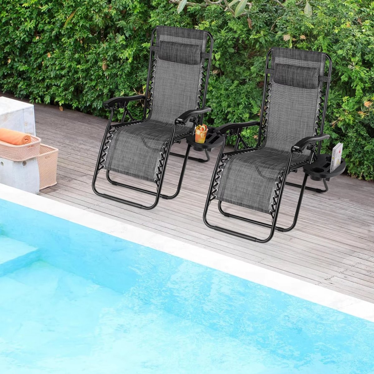 Opvouwbare stoel verstelbare stalen gaas - Zero Gravity lounge stoel - Fauteuils met kussens en bekerhouder - Grijs - 2 stuks