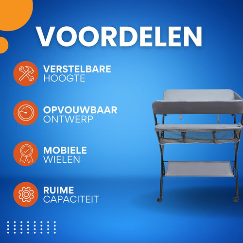 Babycommode - Opvouwbaar en draagbaar - Luierverzorgingsstation - Mobiele luiertafel - Voor Verzorging in Kinderkamer - Verstelbare Hoogte & Met Wielen - 80x63x96cm -Grijs