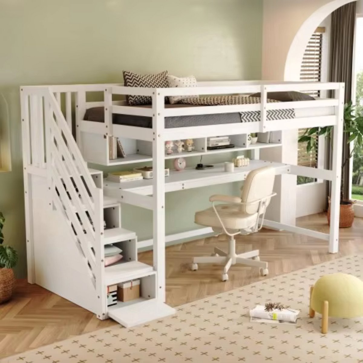 Luxe hoogslaper Vortex voor kinderen - 90x200 cm - Met bureau - Kinderbed - stapelbed - Met Hoektrap, valbeveiliging en raam - Peuterbed