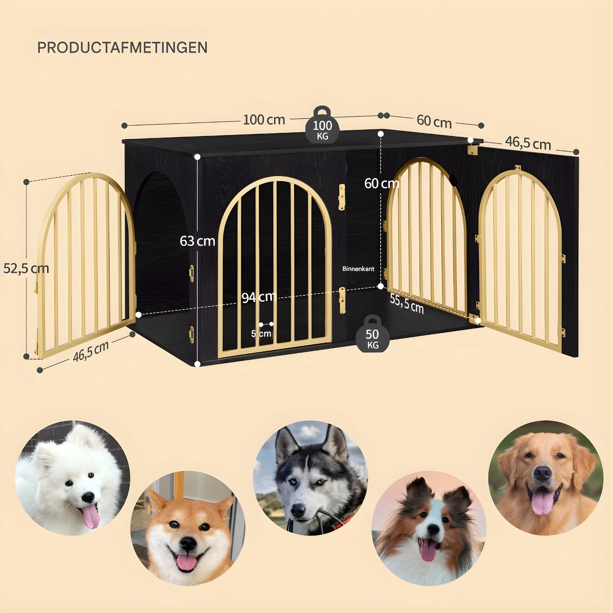 Hondenbench - Hondenkrat - Hondenkennel - Hondenhok - Voor Thuis & Binnengebruik - 3-Deurs - Zwart/Goud - 100cm