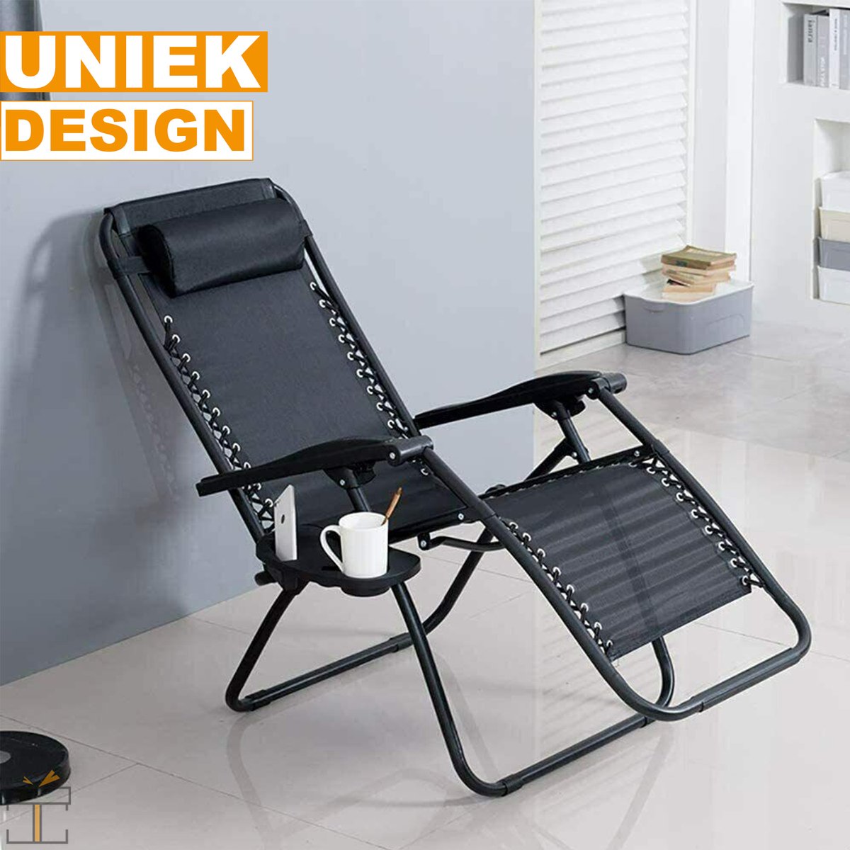 Happyment Opvouwbare strandstoelen 2 stuks - Tuinstoelen met tafeltje - Zonnebed - 0° tot 160° Verstelbaar - Zwart