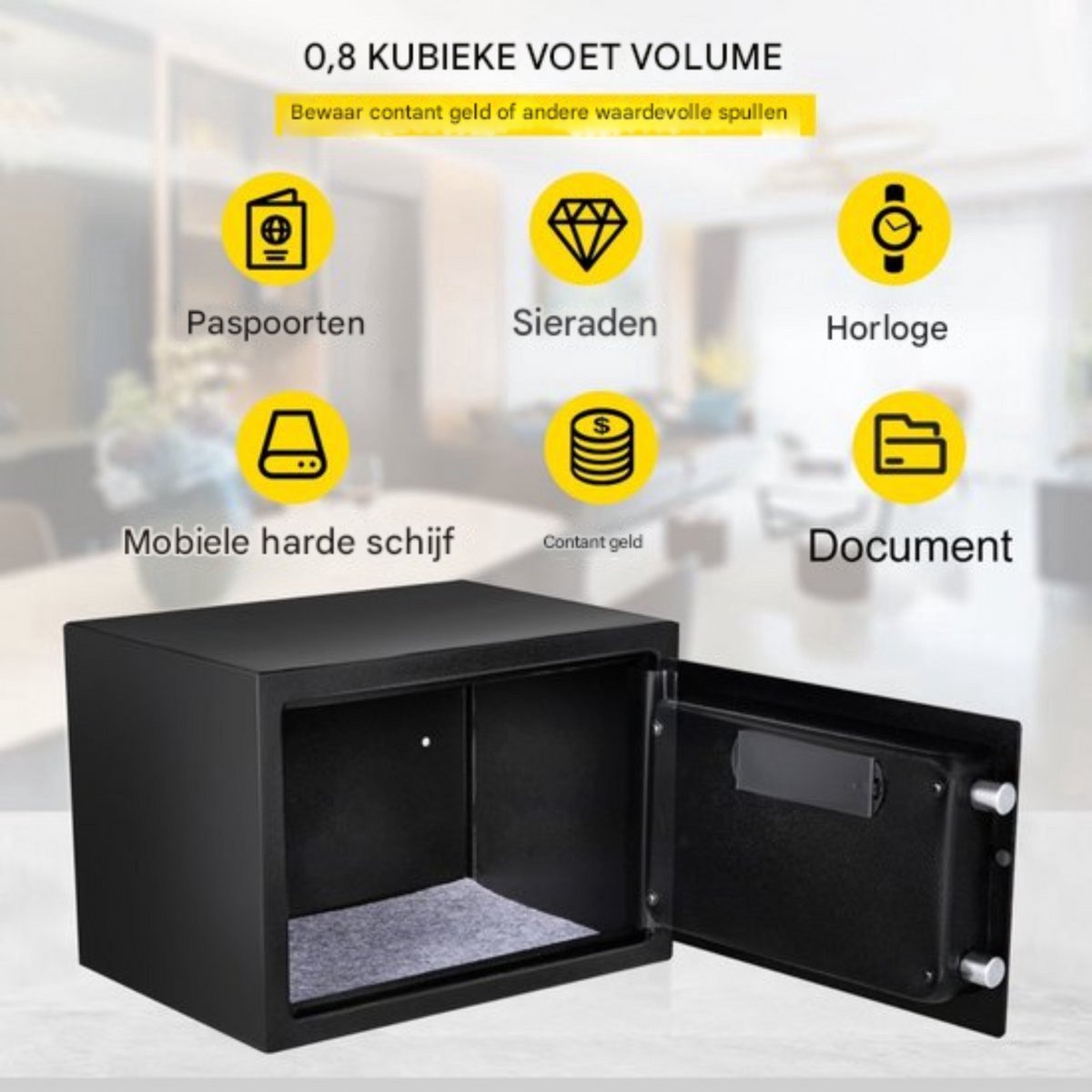 Elektronische Kluis brandwerend - Met vingerprint of code - Cijferslot of slutel - 0,8L - Massief Staal - 4 Ontgrendelingsmethodes