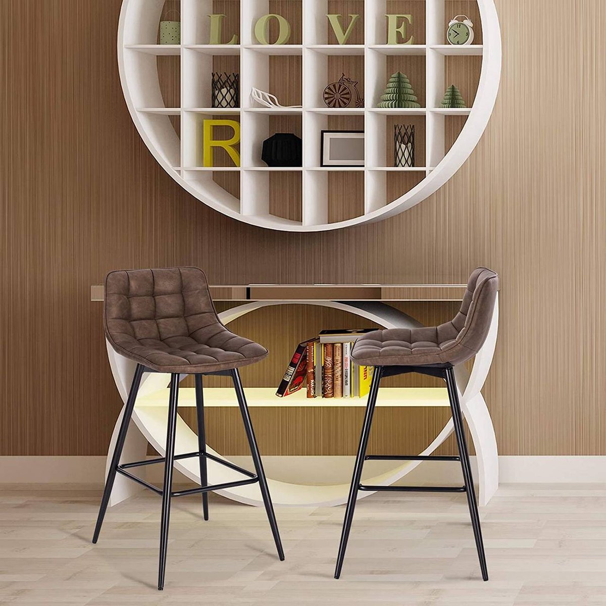 Barkruk Maro Industrial - Bruin - Barkrukken set van 2 - Barstoel Kruk - Barstoelen met rugleuning - Keukenstoel - Kunstleer