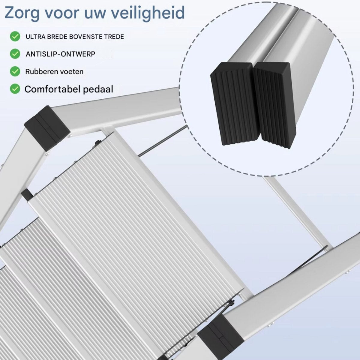 Huishoudtrap - Keukentrap - 2 treden - Ladder Aluminium - Opstapkruk met anitslip - Lichtgewicht - 150KG Belastbaar - Zilver