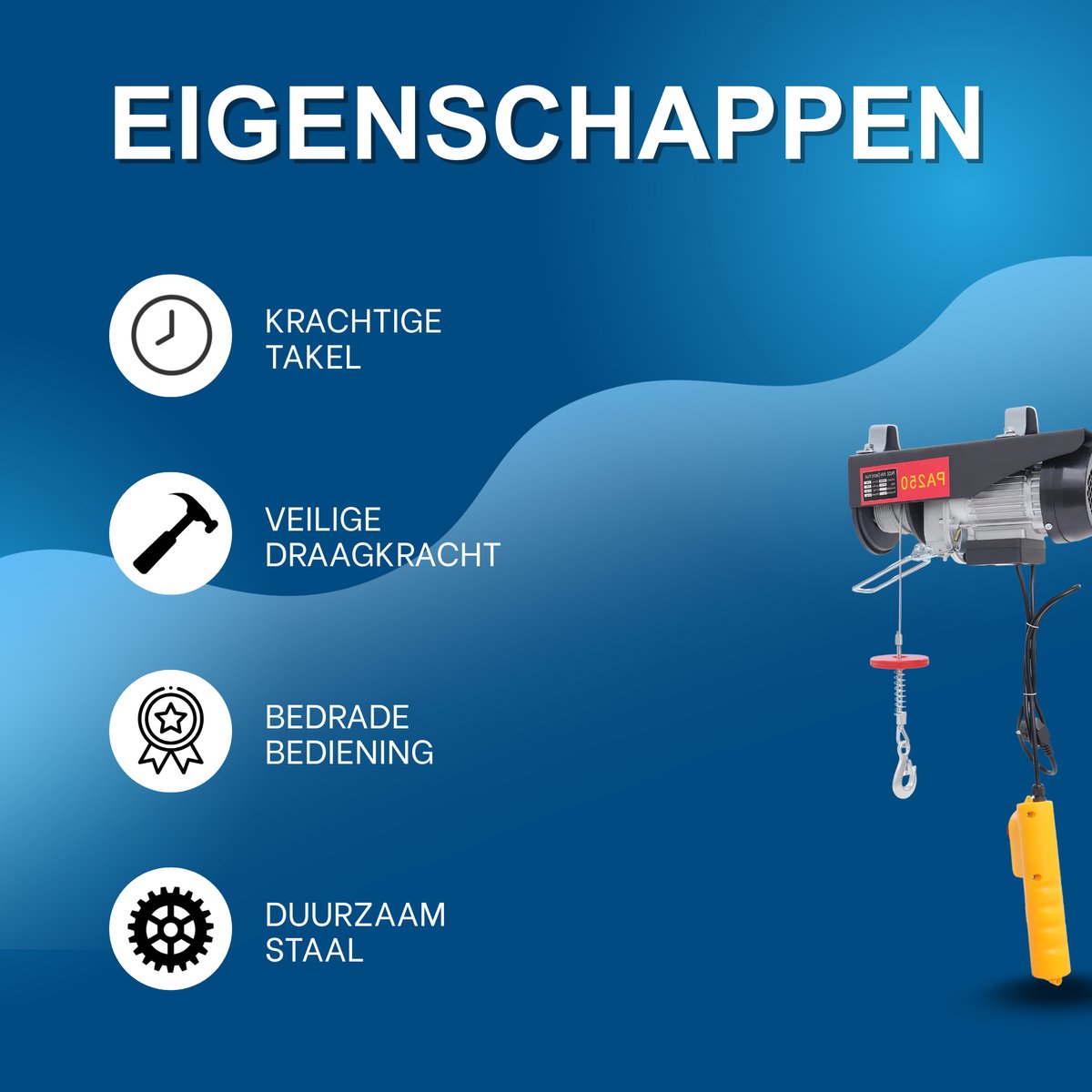 Elektrische takel – Voor garages en magazijnen – 250 kg capaciteit - Bedrade afstandsbediening, 18 m staaldraad – 220 V, 500 W