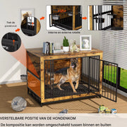 Houten Hondenbenche - Hondenren - Hondenkrat Bijzettafel met Afneembare Kommen en Dienblad - Dubbele Deuren Hondenkennel voor Middelgrote Honden Binnen - 112 x 75 x 84 cm - Grijs