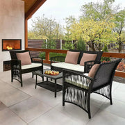 Rotan Tuinmeubelen Set - Voor Buiten en Balkon - 4 Stuks - Rotan Patio Meubelen - Weven Rieten Sofa Set met Kussens en Glazen Tafel - Zwart