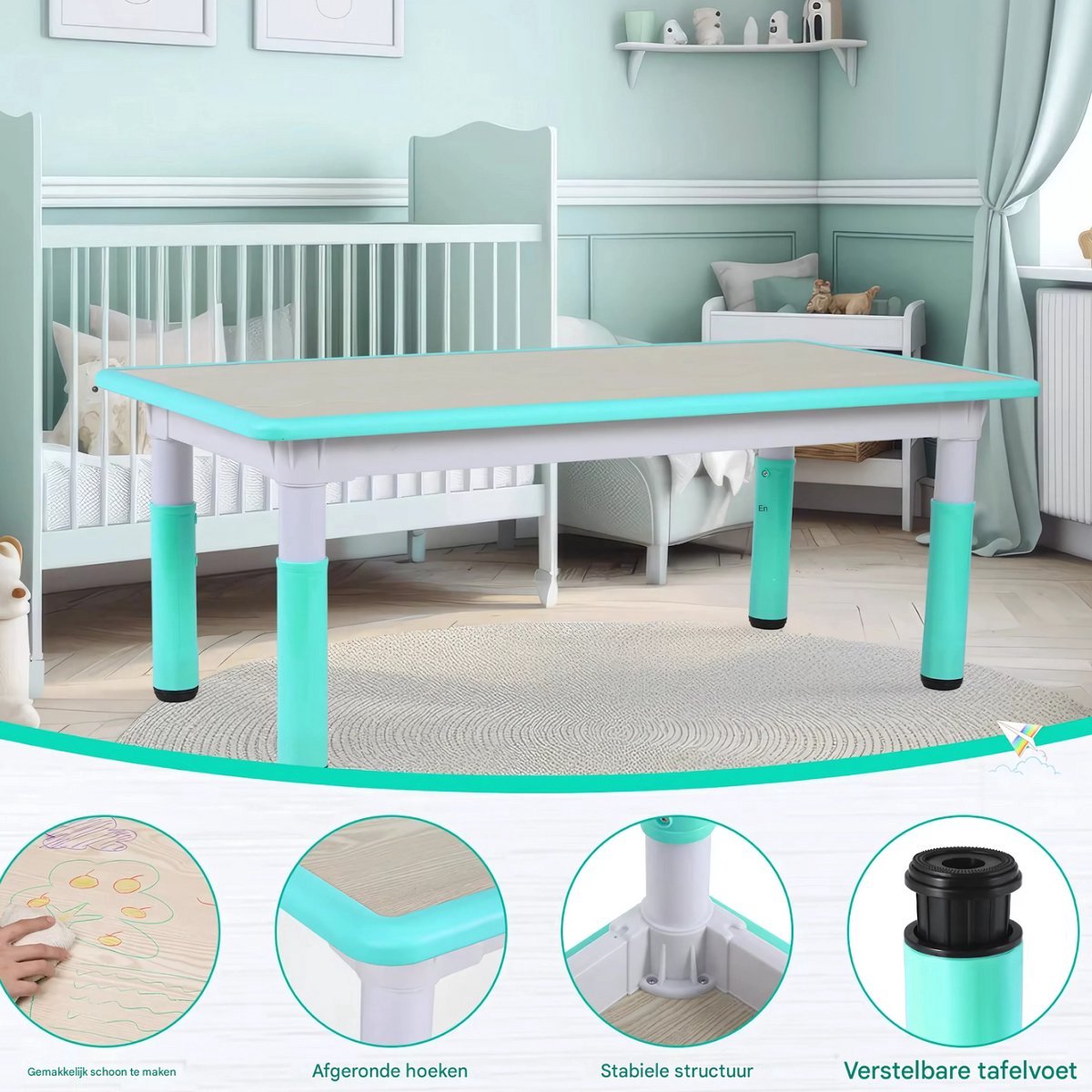 Kindertafel Zyrell en 4 Stoelenset - Voor Peuters en Jonge Kinderen - Verstelbare Tafelset voor Spelen, Studeren & Tekenen - Duurzaam Kunststof in Neutrale Kleuren - Groen - 120x60cm