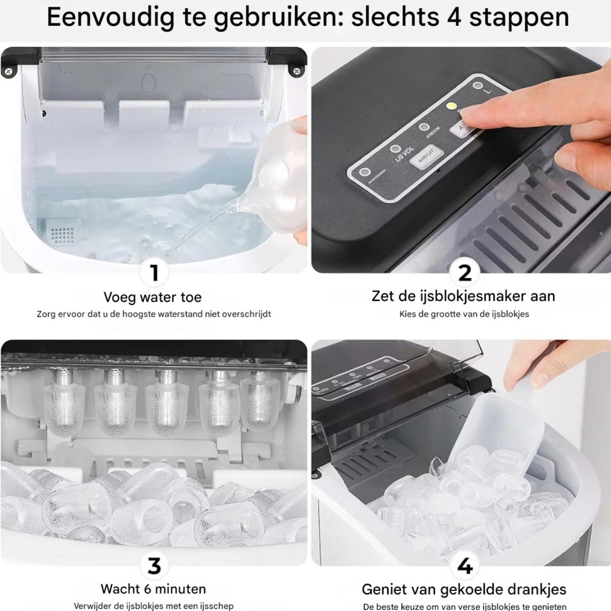 Ijsmachine - Aanrechtmodel - Voor snel ijs maken, 9 blokjes in 6 minuten - Zelfreinigende elektrische compacte drinkbare ijsmachine - 1,2 liter