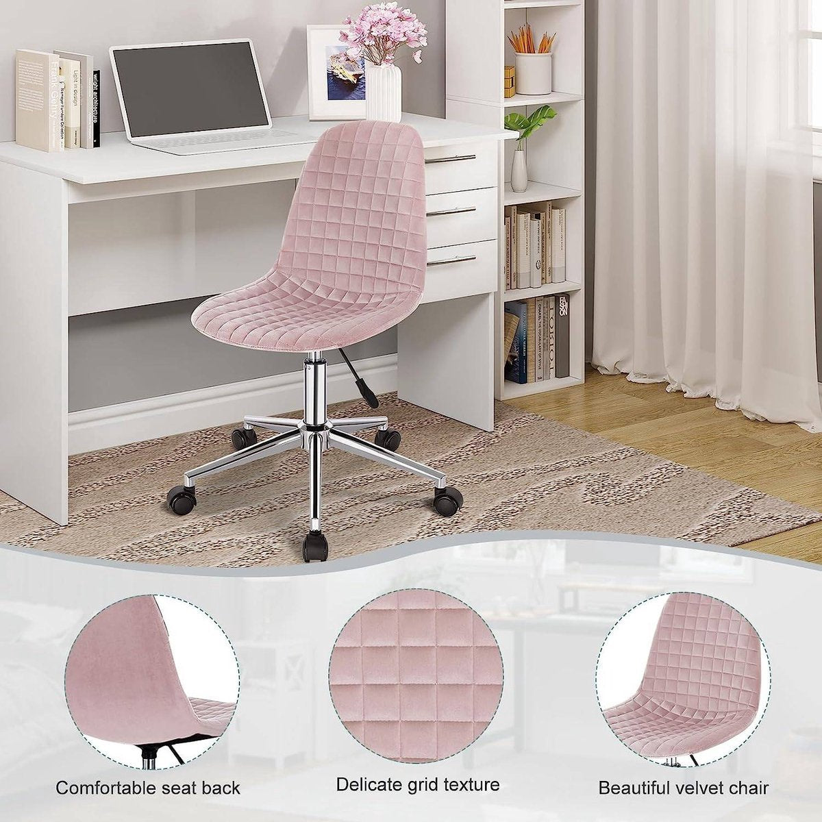 Werkkruk - Roze Velvet - Ergonomisch - Op Wieltjes - Verstelbaar