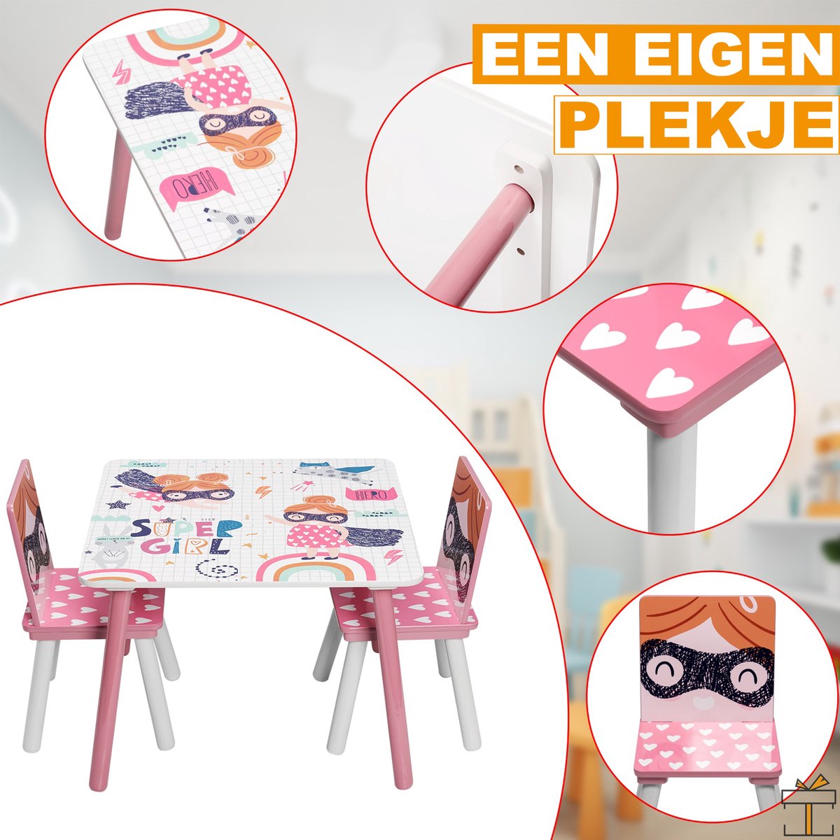 Happyment Kindertafel en 2 Stoeltjes - Kindermeubel - Speeltafel - kinderbureau - Roze