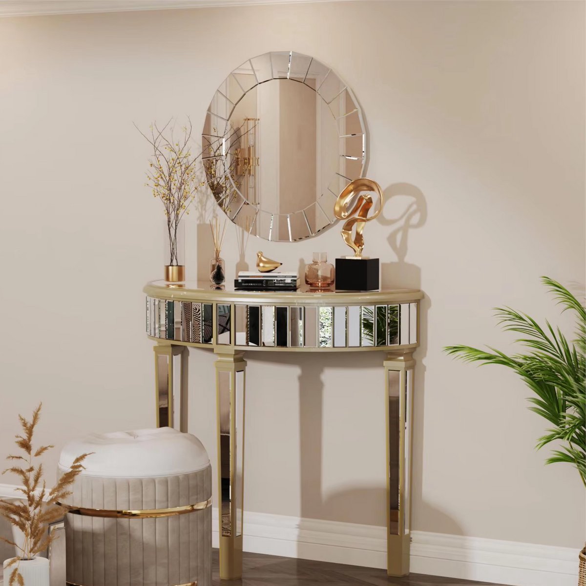Opulence Sierlijke Wandspiegel met consoletafel - Haltafel set met spiegel - Rond - Woonkamer, hal en slaapkamer