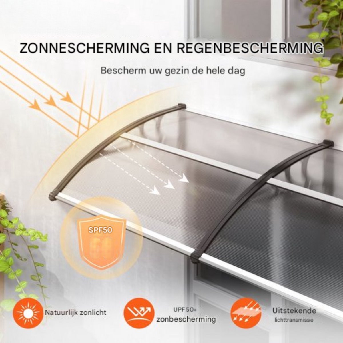 Voordeurluifel - Deurluifel - 199cm - Dakbedekking - Voordeur afdak - Polycarbonaat - UF50+ Zonweringsfolie - 965x1987mm