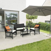 Rotan Tuinmeubelen Set Fioren - Voor Buiten en Balkon - 4 Stuks - Rotan Patio Meubelen - Weven Rieten Sofa Set met Kussens en Glazen Tafel - Zwart