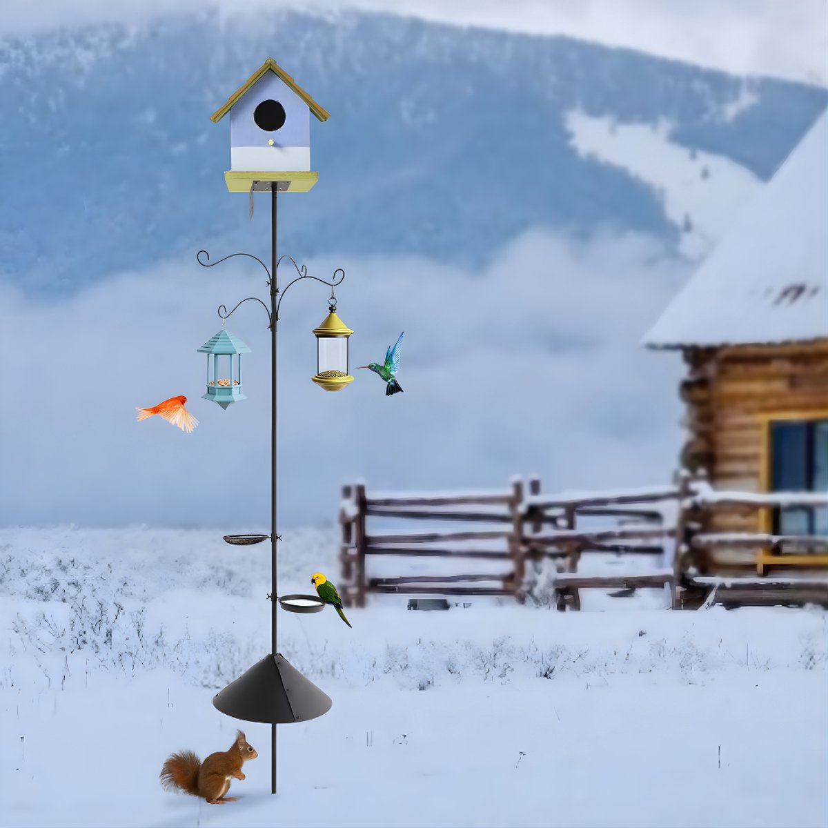 Vogelvoederpaal - Voederstation - met haakjes - Voor vogels voeren in de tuin - Verstelbaar met voederbakjes en eekhoornbestendige kraag - Metaal - Zwart