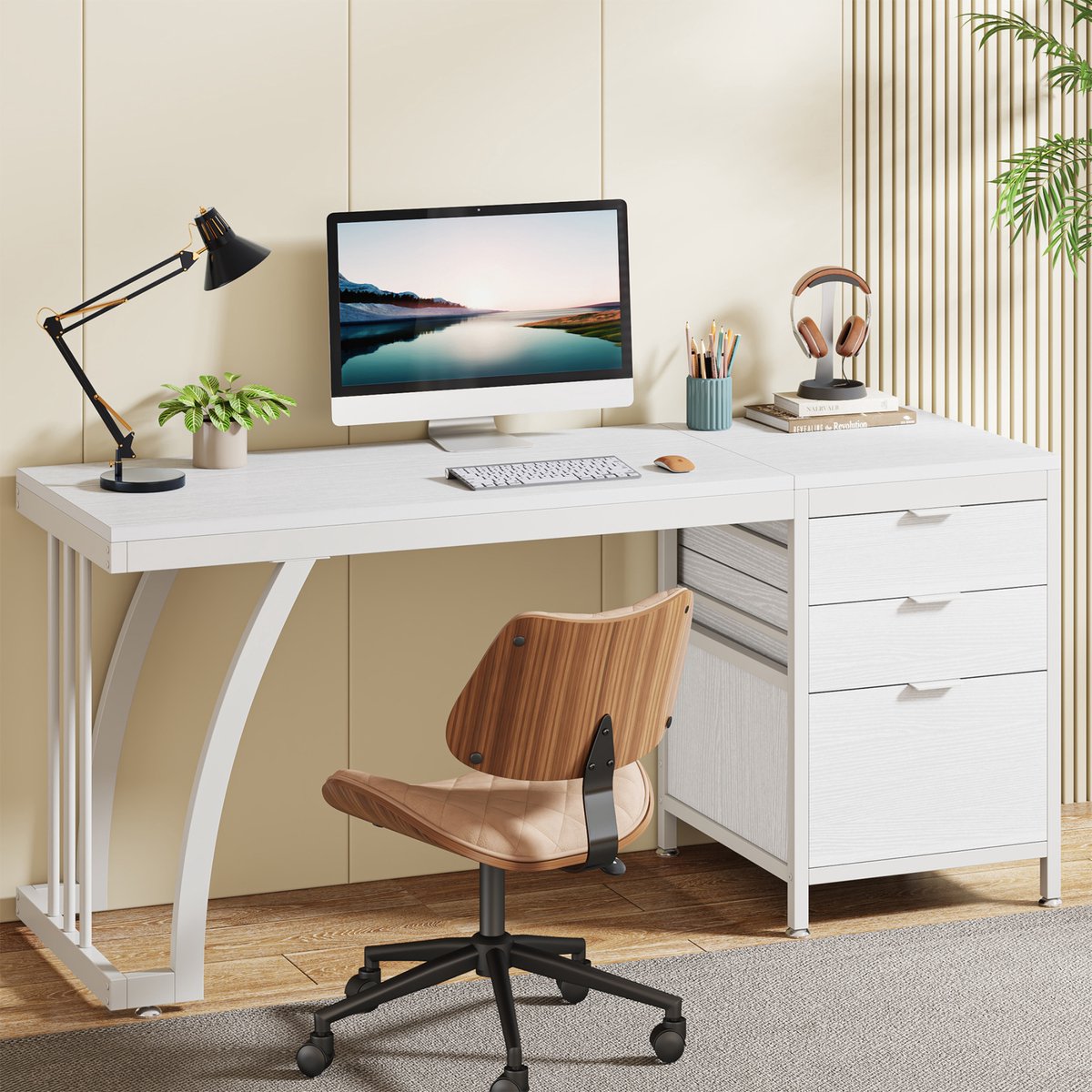 Computerbureau - Bureau met lades - Werktafel - Voor studeren of werken - 3 lades - Wit