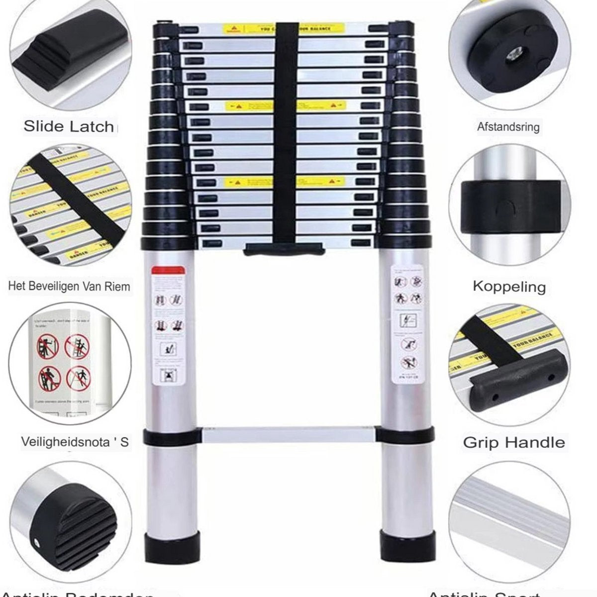 Aluminium Telescopische Ladder Belloro - 500cm - Vouwladder met Antislipvoeten - Multifunctionele Verlenging - Rechte Ladder voor Loft