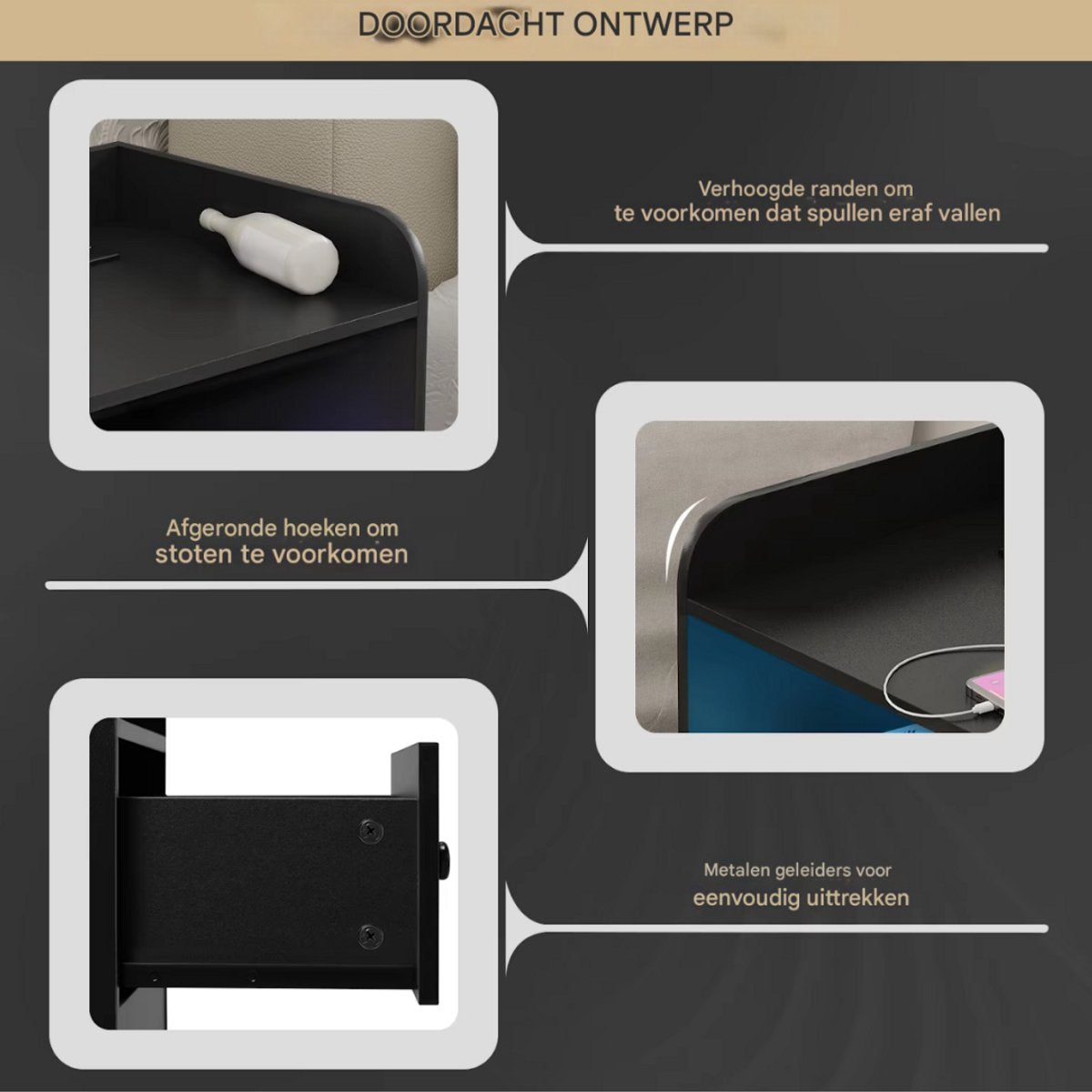 Nachtkast met RGB lichten - Zwart - Set van 2 - Slaapkamer - Met ingebouwde usb oplaadpoorten
