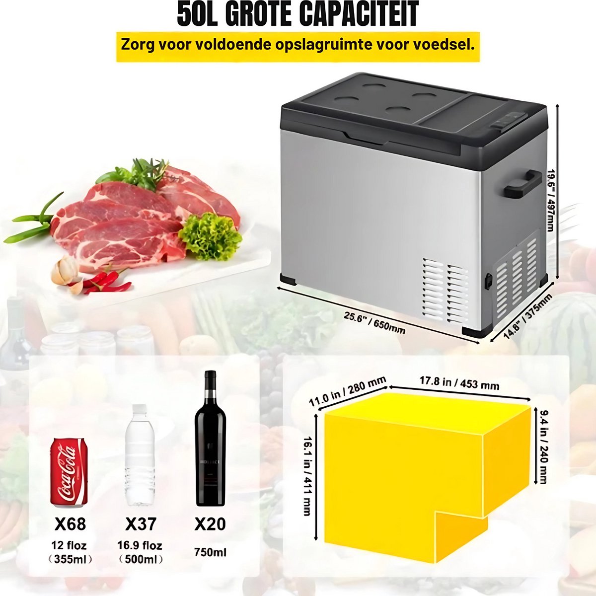 Draagbare Camping Koelbox 12V – Vriezer 53Qt met LCD – Voor Auto, Boot & Onderweg