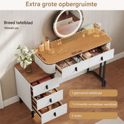 Kaptafel met LED-verlichting - Make-up tafel - Voor Slaapkamer - 3-delige Verstelbare Lichtintensiteit - Inclusief Mobiele Spiegel & Zijkast