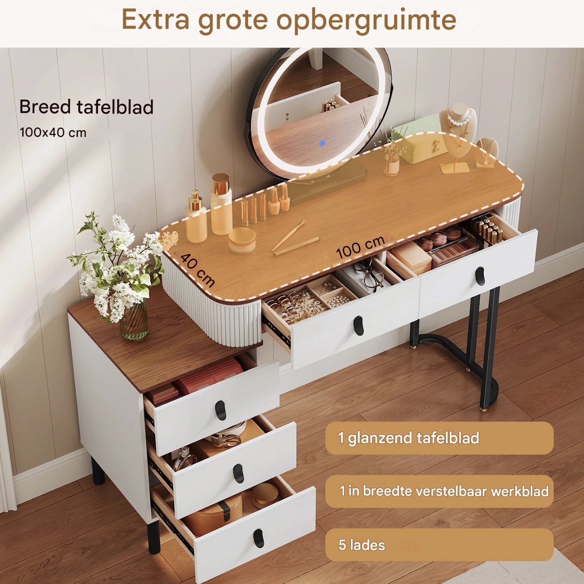 Kaptafel met LED-verlichting - Make-up tafel - Voor Slaapkamer - 3-delige Verstelbare Lichtintensiteit - Inclusief Mobiele Spiegel & Zijkast