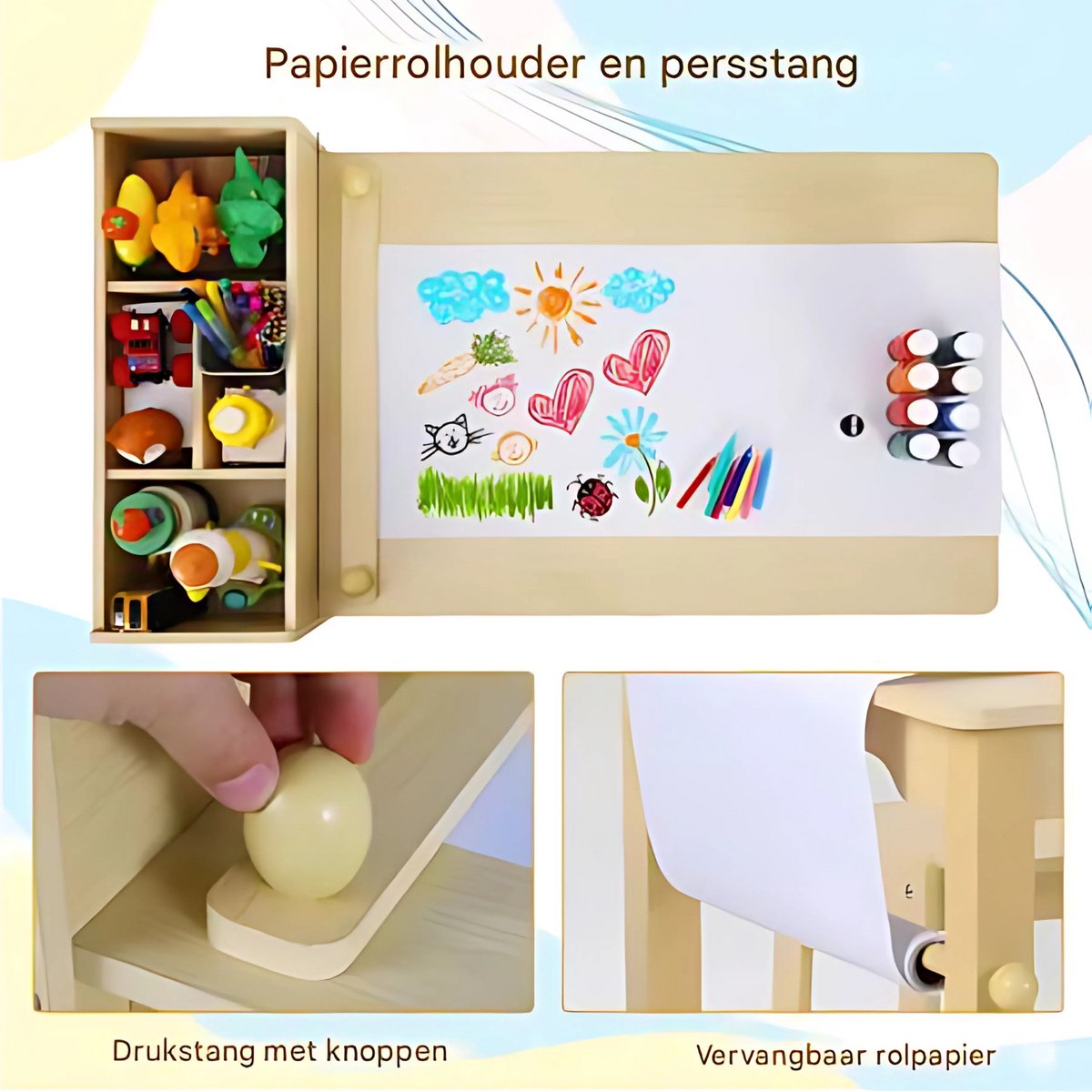 Kunsttafel en Stoelenset voor Kinderen - Houten Knutseltafel met 2 Stoelen, Opbergplanken, Canvas Bakken en Papierrol - Speeltafel voor de Kamer - Grijs