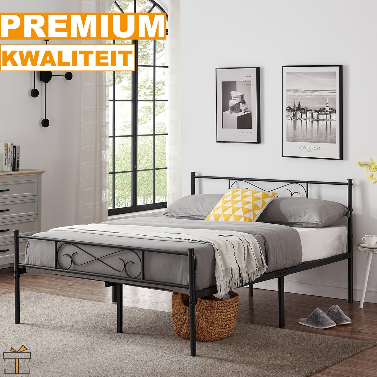 Happyment Metalen bedframe - 140 x 200cm - Incl. lattenbodem - Twijfelaar - 2 persoons - Zwart