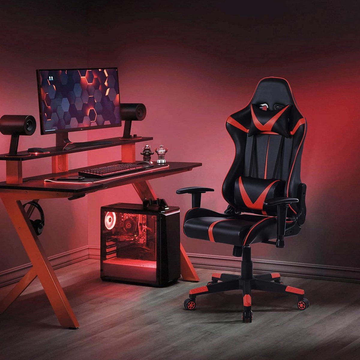 Happyment Gamestoel Derby - Kunstleer - Met rugleuning en armleuning - In hoogte verstelbaar - Ergonomisch - Rood/zwart