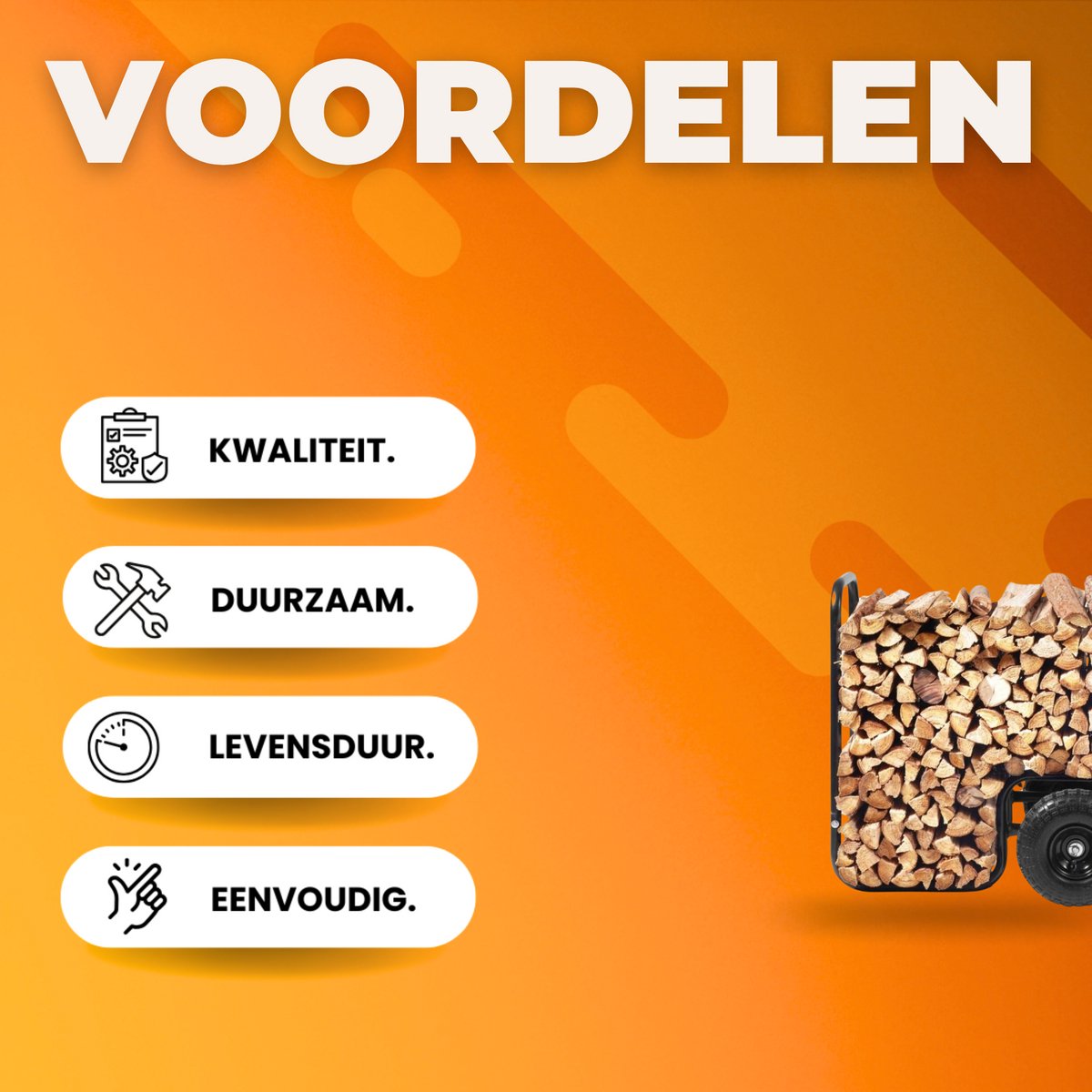 Brandhoutwagen - Houtkar - Houtkachel - Brandhoutrek - 67x52x110 cm - 113KG Capaciteit - Met Bungeetouw & Rubber Wielen
