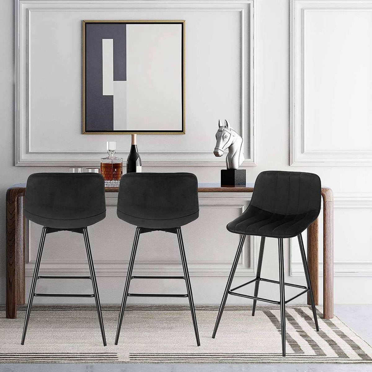Barkruk Merlito - Industrial - Zwart - Barkrukken set van 2 - Barstoel Kruk - Barstoelen met rugleuning - Keukenstoel - Velvet