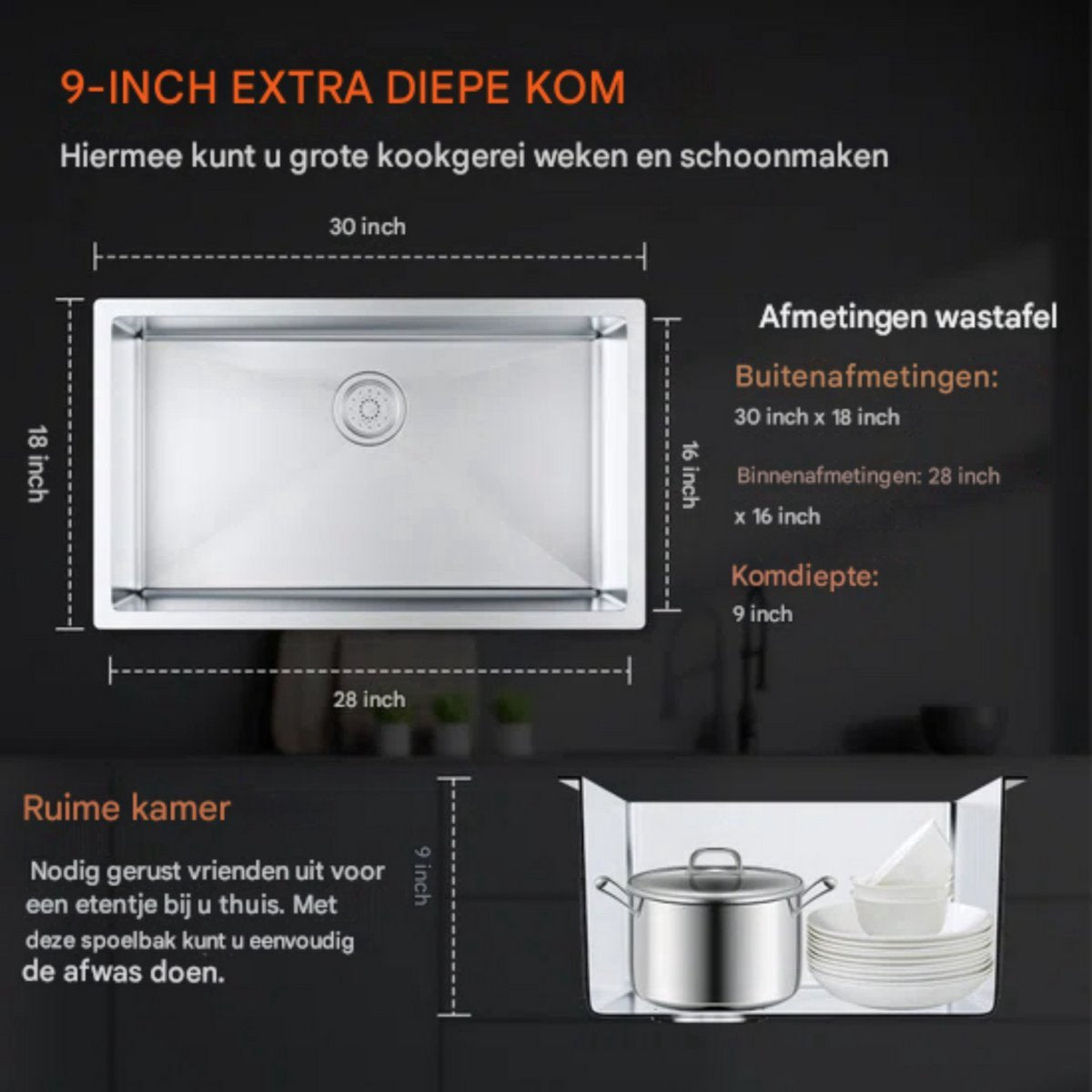 Inbouwwastafel - Spoelbak keuken - RVS wastafel - 230 mm Diepte - Inbouw gootsteen - Afvoerset - Inbouwspoelbak