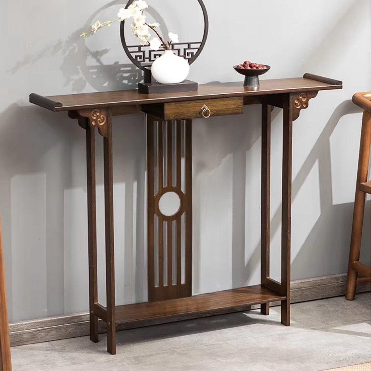 Consoletafel Fioren - Chinese consoletafel - Wandtafel met lades - Wit Marmerlook met goud - Haltafel - Sidetable - 82cm