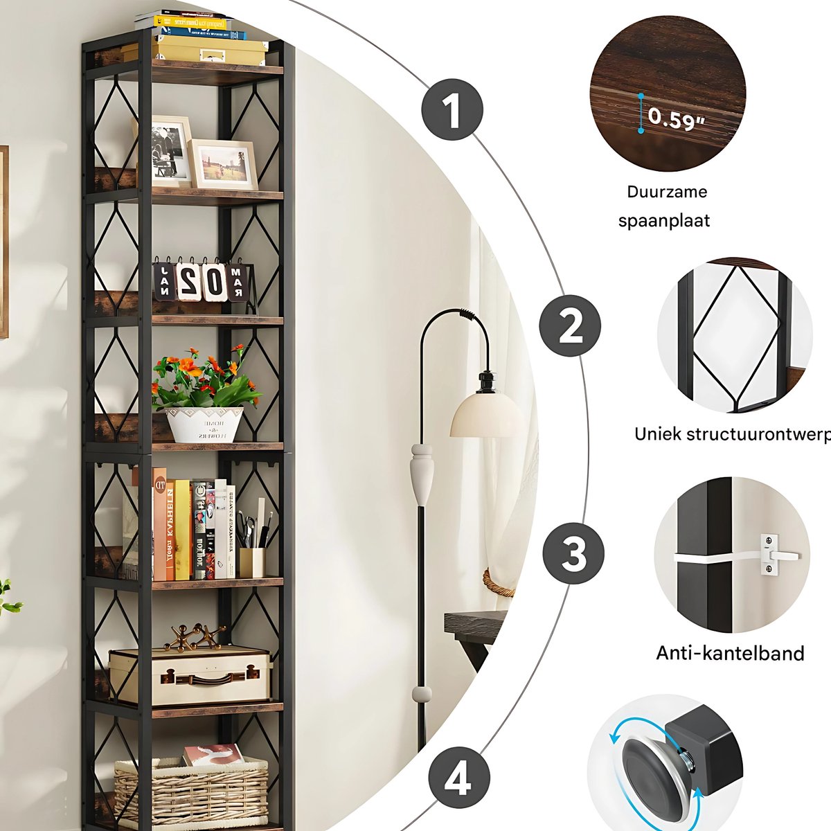 Boekenkast - 200cm - Hoog - Wandplank - Boekenrek - 7-laags